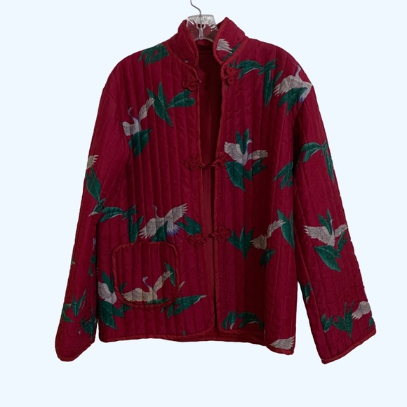 Vintage Jackets & Blazers - Vintage Quilted Maroon Red Quilted Jacket Band Collar Asian Inspired Birds